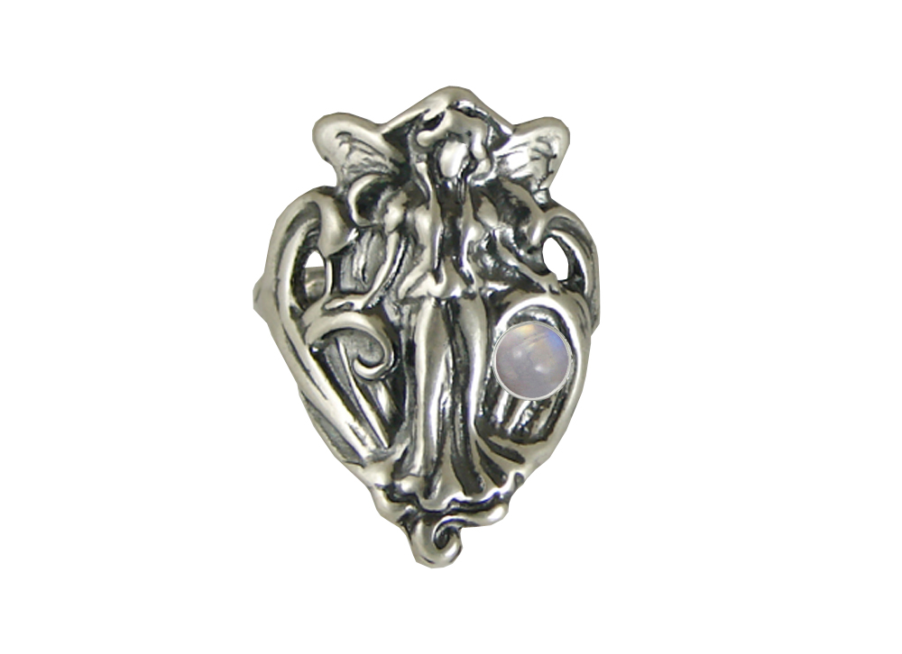 Sterling Silver Queen Mab Fairy Ring With Rainbow Moonstone Size 10